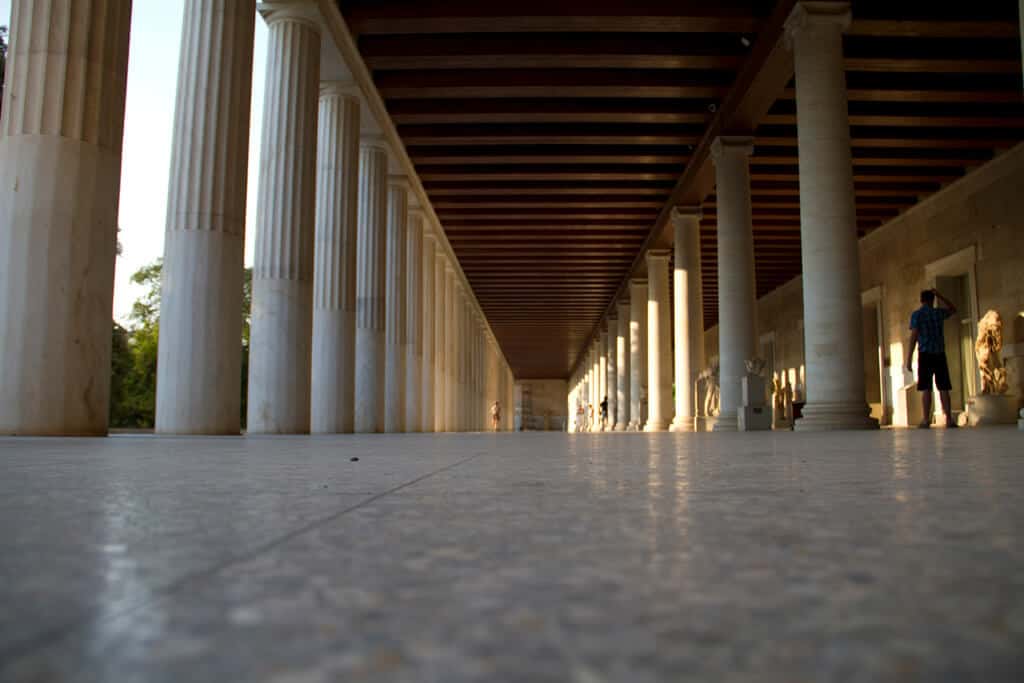 Restored stoa (covered public walkway) in the Athens Agora.