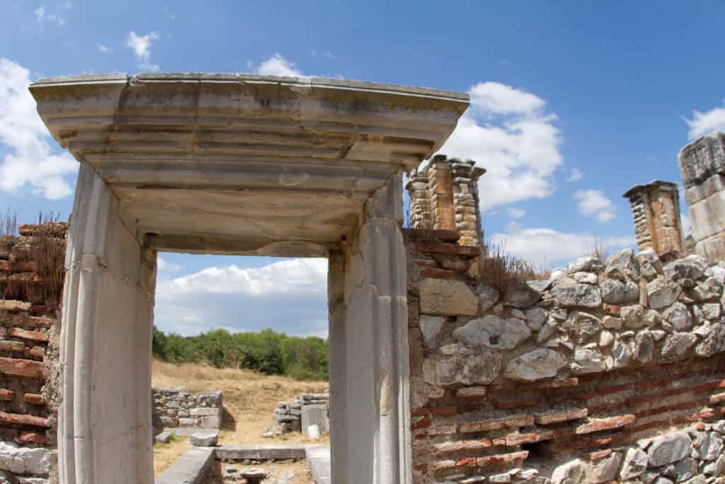 A restored stone doorway leading into the fifth-century AD "Basilica B" in Philippi.