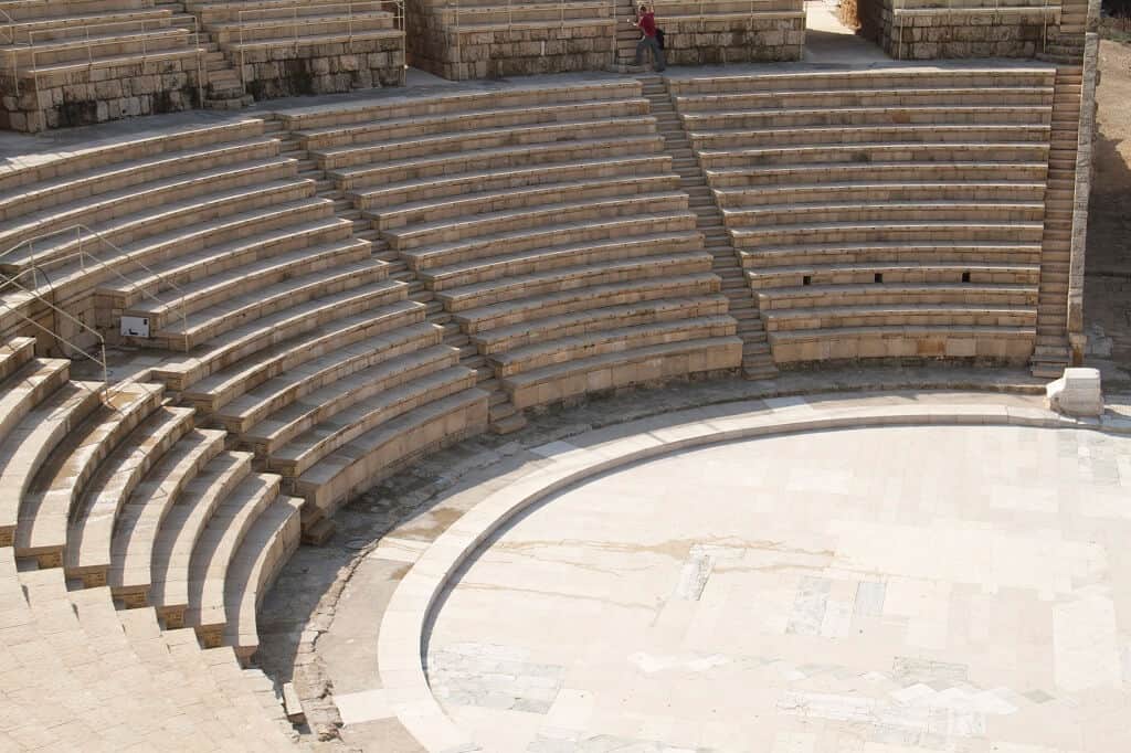 A view of the floor of the Roman theater in Caesarea from high in the seating section.