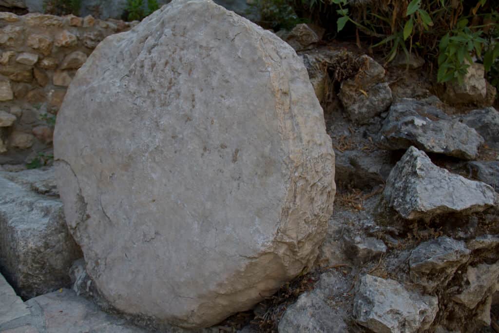 A close-up of the stone tomb closure at the Garden Tomb in Jerusalem. Possibly the site of Jesus’ burial and resurrection (John 19:41-42).