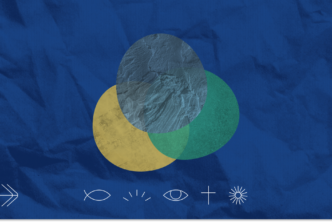 three overlapping circles on a blue background to represent the doctrine of the Trinity
