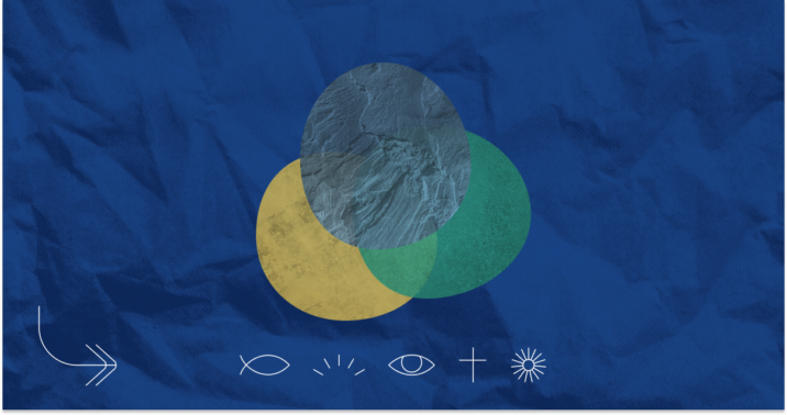 three overlapping circles on a blue background to represent the doctrine of the Trinity