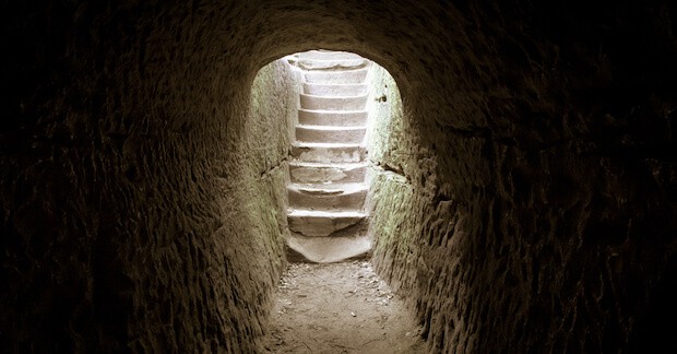 depiction of stairs leading from the empty tomb. Blog header of easter in the Bible post