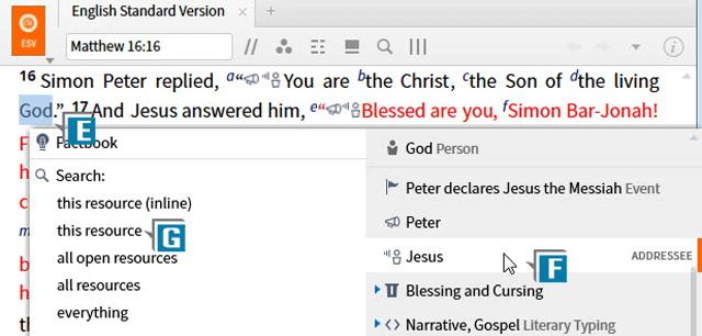 logos tutorial on how to find where Peter addresses Jesus