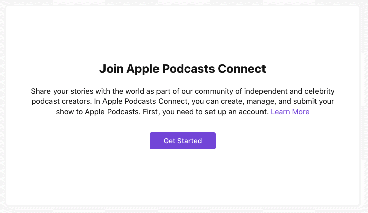 screenshot showing Join Apple Podcasts Connect and instructions to create an account