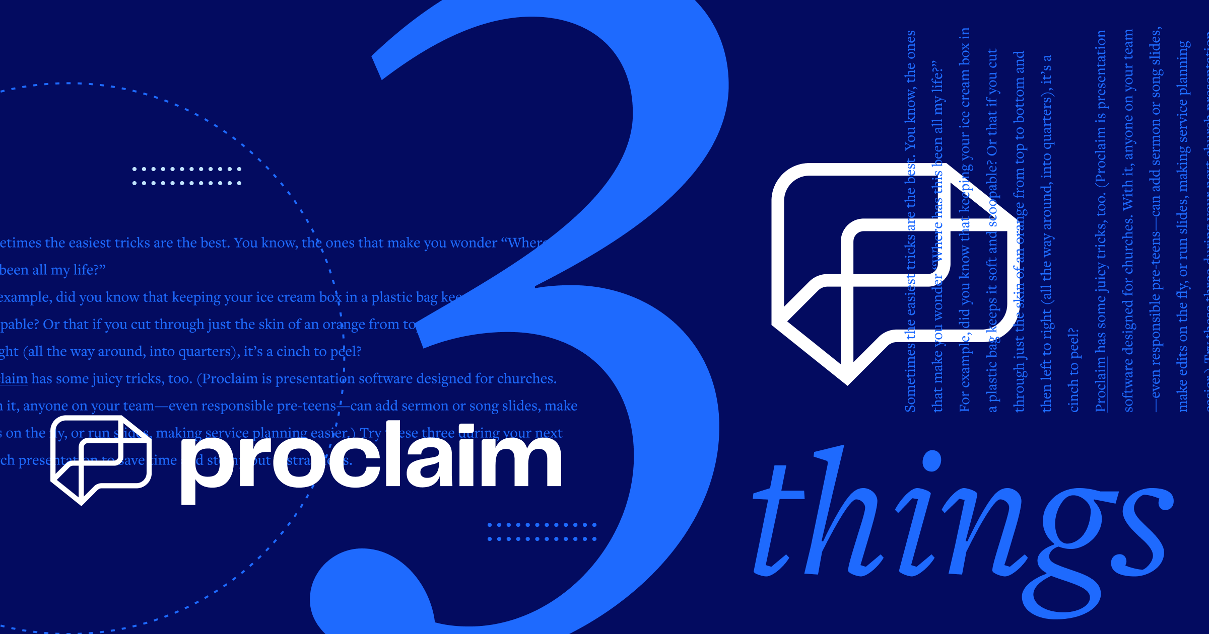 Collage with 3 things in large type representing 3 things you can do in Proclaim