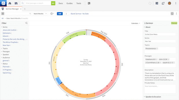 Screenshot of the new radial calendar in Logos 9.