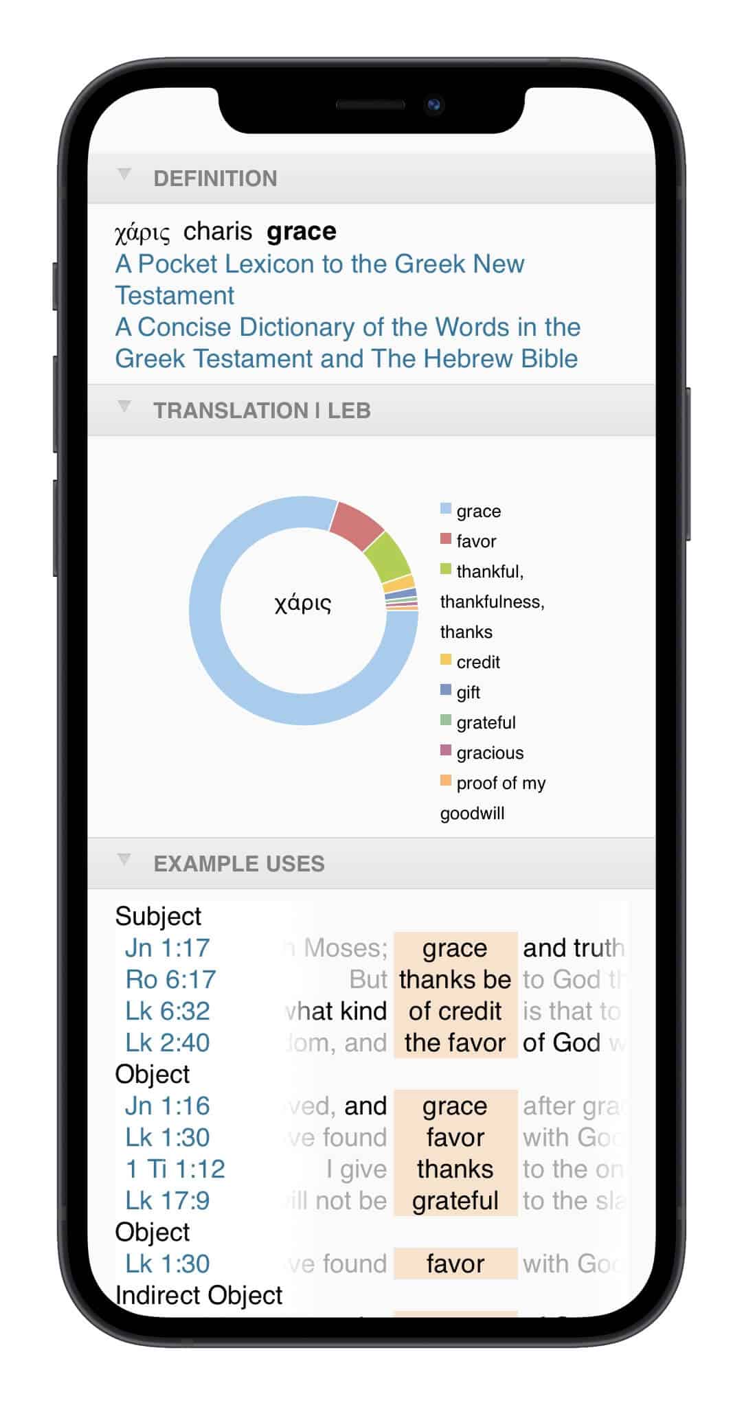 In-depth Bible word study results in the Logos Bible app