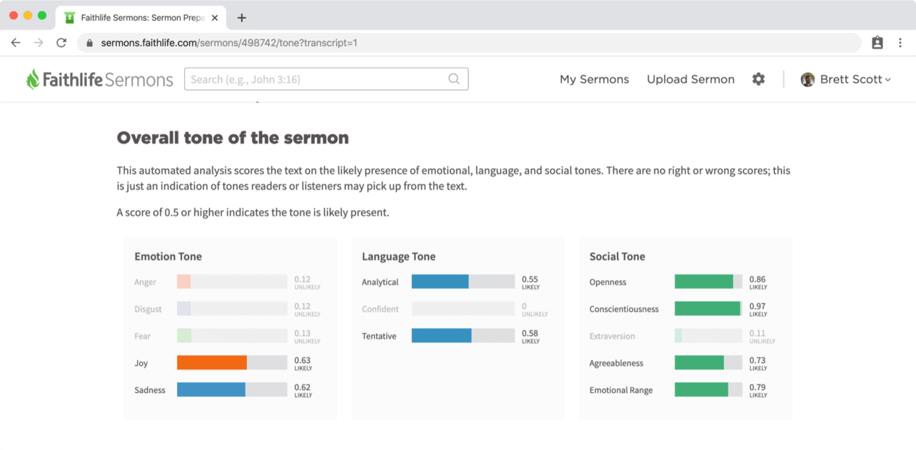 overall tone of the sermon report in Faithlife Sermons