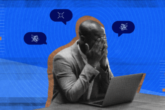 An image of a pastor sitting in front of a laptop, covering his face with both hands in exhaustion. Speech bubbles above the man's head contain scribbles and a small burst icon, representing stress, confusion, and pastoral burnout.