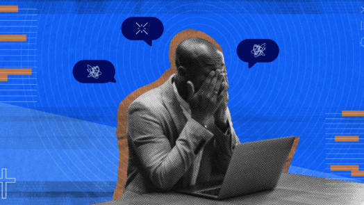 An image of a pastor sitting in front of a laptop, covering his face with both hands in exhaustion. Speech bubbles above the man's head contain scribbles and a small burst icon, representing stress, confusion, and pastoral burnout.