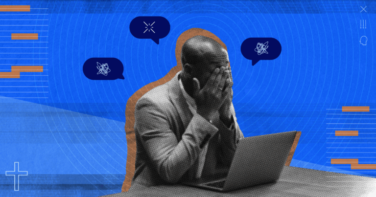 An image of a pastor sitting in front of a laptop, covering his face with both hands in exhaustion. Speech bubbles above the man's head contain scribbles and a small burst icon, representing stress, confusion, and pastoral burnout.