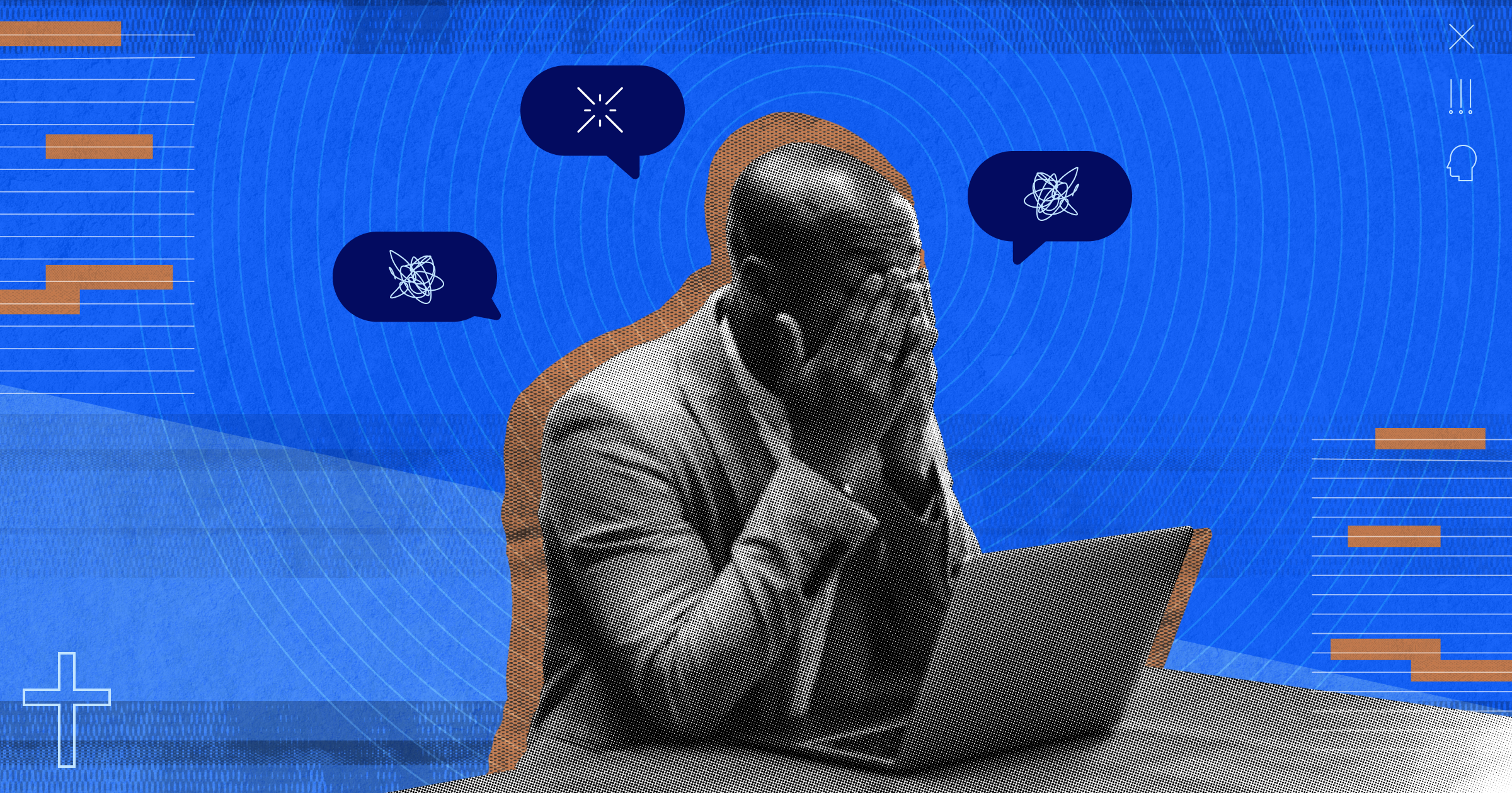 An image of a pastor sitting in front of a laptop, covering his face with both hands in exhaustion. Speech bubbles above the man's head contain scribbles and a small burst icon, representing stress, confusion, and pastoral burnout.