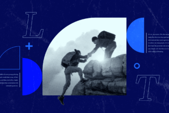 An image of two hikers, one extending a hand to help the other, surrounding by the letters T and L for training and leadership.