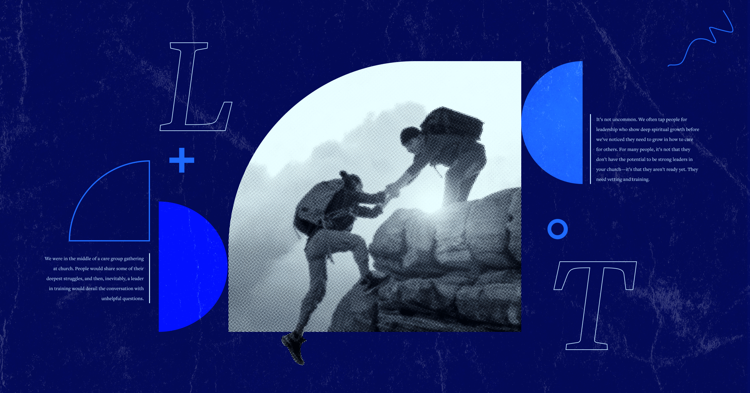 An image of two hikers, one extending a hand to help the other, surrounding by the letters T and L for training and leadership.