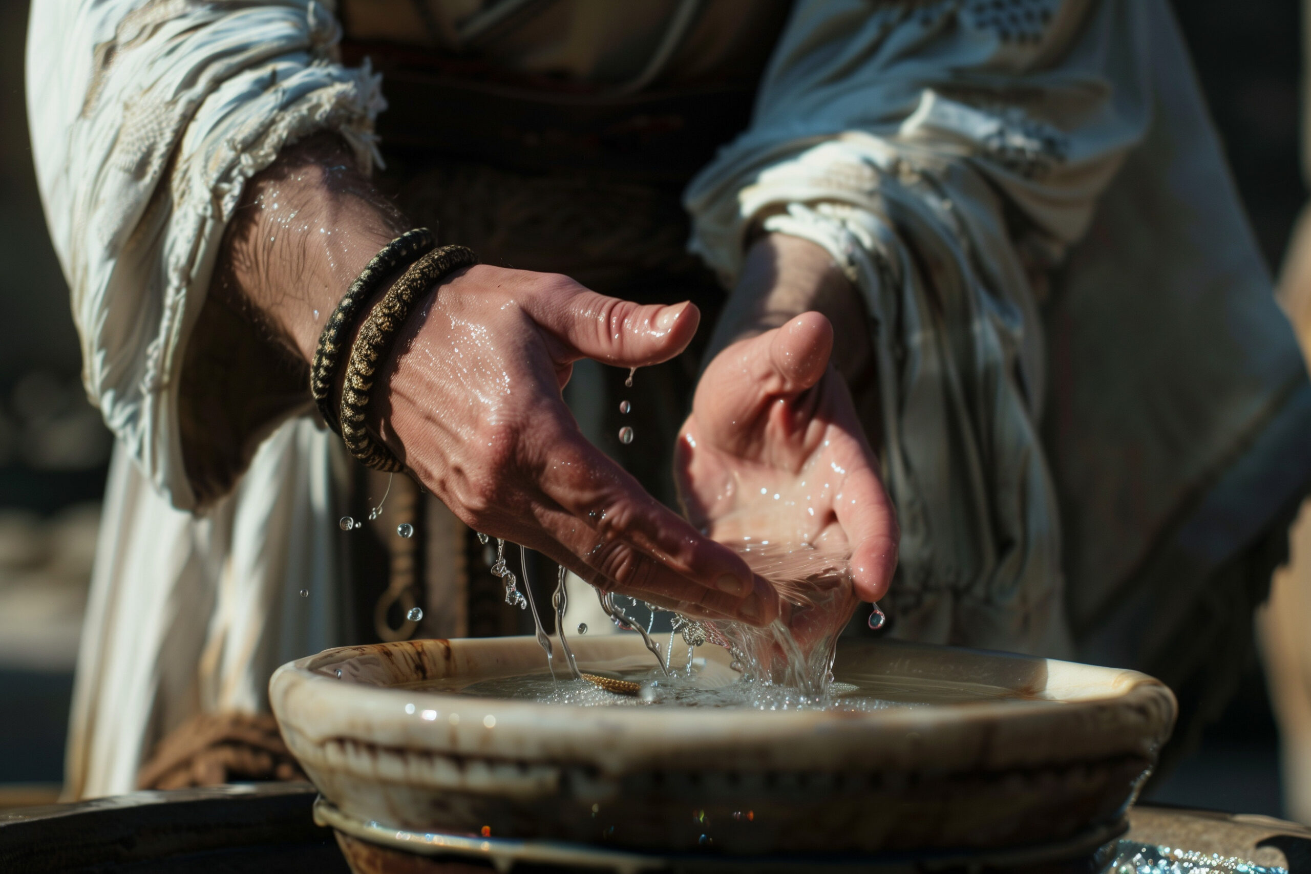 An image of an ancient man washing his hands, representing Pilate.