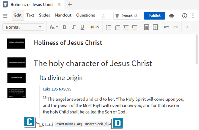 typing a Scripture reference in the Sermon document