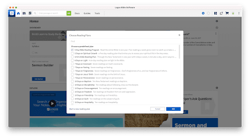 selecting a Bible reading plan to add in Logos