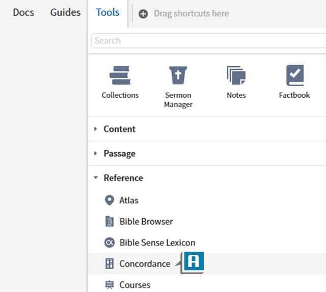 Screenshot of selecting Concordance in Logos