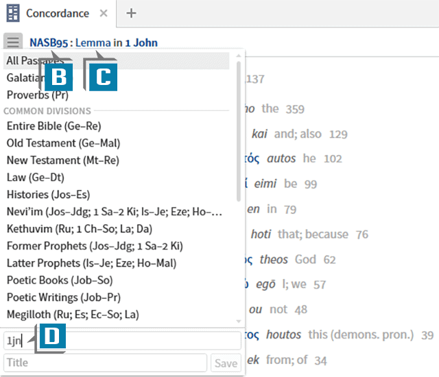 screenshot of choosing a concordance, lemma, and verse in Logos
