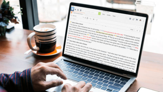 person at desk with laptop using Logos visual filters to study the Bible