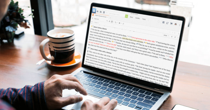 person at desk with laptop using Logos visual filters to study the Bible