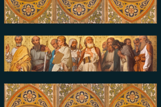 The twelve disciples with mosaic background