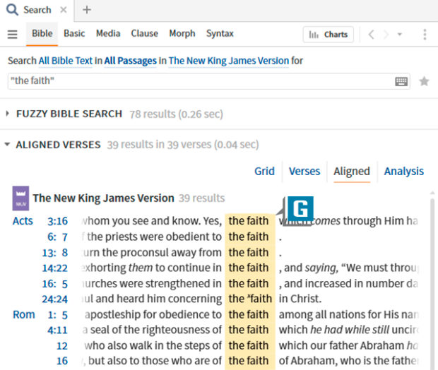 screenshot showing search results for "the faith" in Logos
