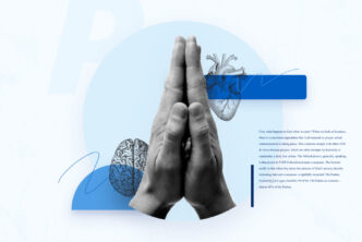 Graphic picture of praying hands, a heart, and a brain, symbolizing the holistic aspect of what happens when we pray.