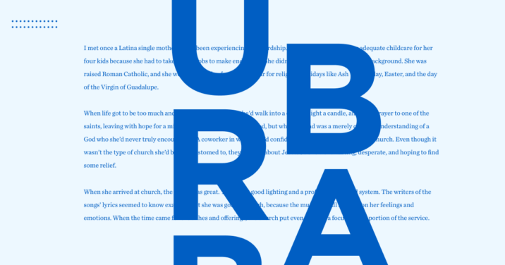 The word Urban in dark blue against a background of content about urban ministry