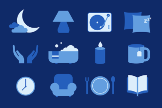 Graphic design illustration of night-related items such as a candle and lamp