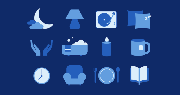 Graphic design illustration of night-related items such as a candle and lamp