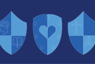 graphic of three shields to represent faith, truth, and love