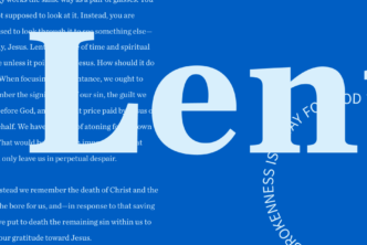 Lent in light blue letters against a dark blue background