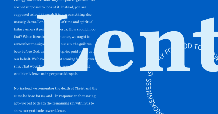 Lent in light blue letters against a dark blue background