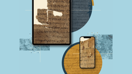 Phone and tablet with ancient text on top of blue background.