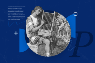 Graphic with a photo of a person holding a lyre.