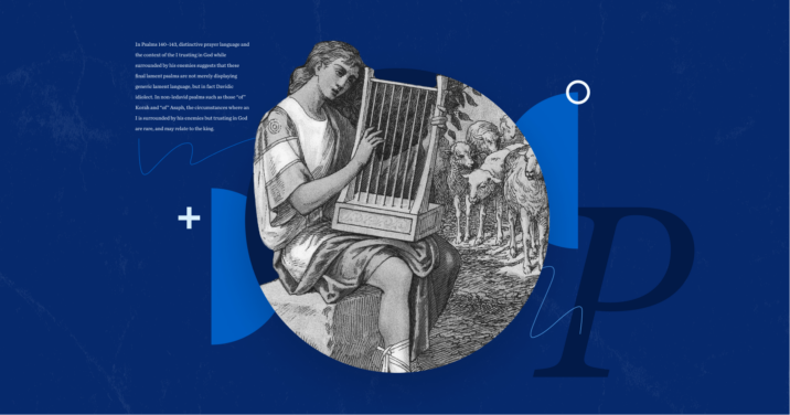 Graphic with a photo of a person holding a lyre.