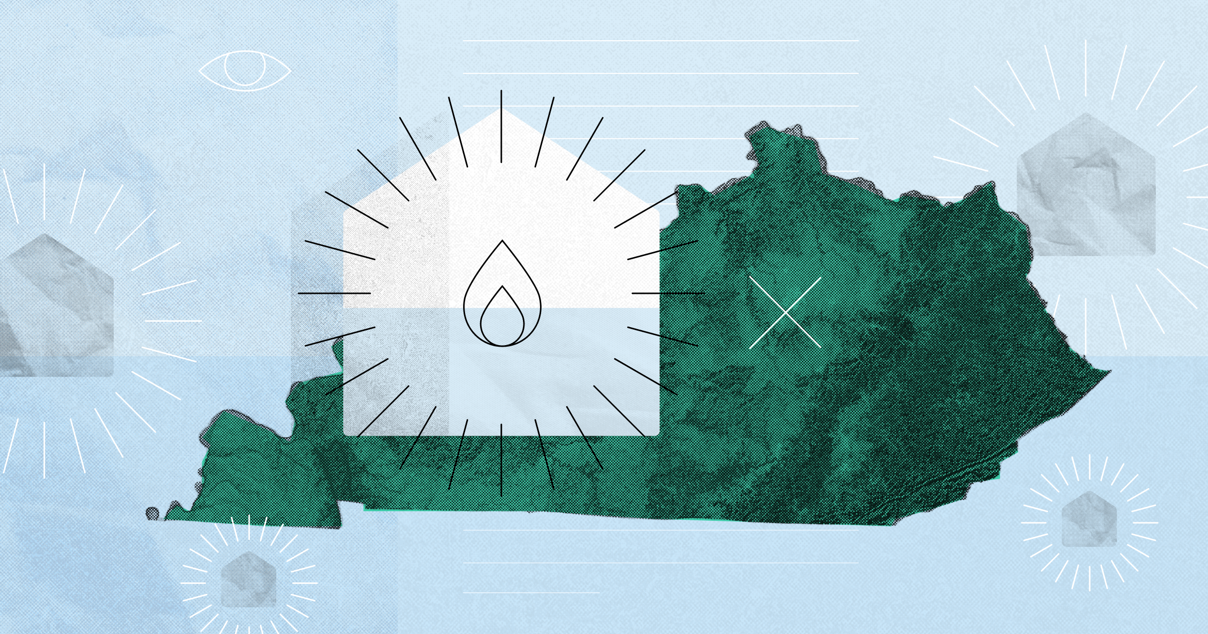 The shape of Kentucky and a flame with rays coming out of the area of Asbury University.