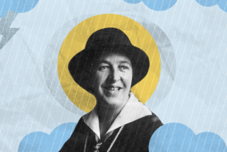 Corrie ten Boom against a designed light blue background