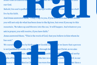 Faith in dark blue letters against a light blue background with text from verses on faith