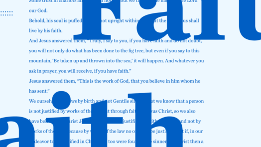 Faith in dark blue letters against a light blue background with text from verses on faith
