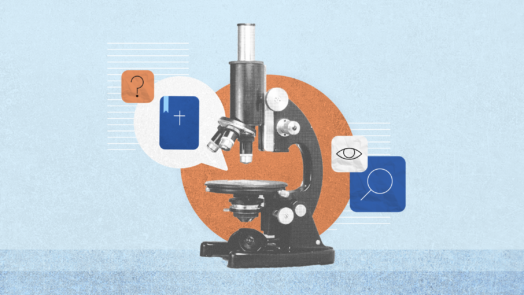 illustration of a microscope, cover of a Bible, search magnifying glass to represent whether the Bible is true