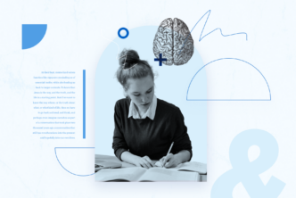 Graphic with a student writing notes ina. workbook and a picture of a brain.