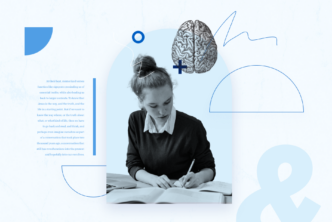 Graphic with a student writing notes in a workbook and a picture of a brain.