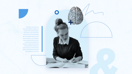 Graphic with a student writing notes in a workbook and a picture of a brain.