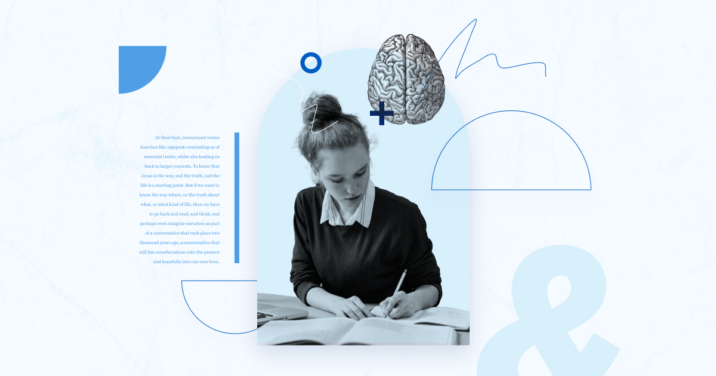 Graphic with a student writing notes in a workbook and a picture of a brain.