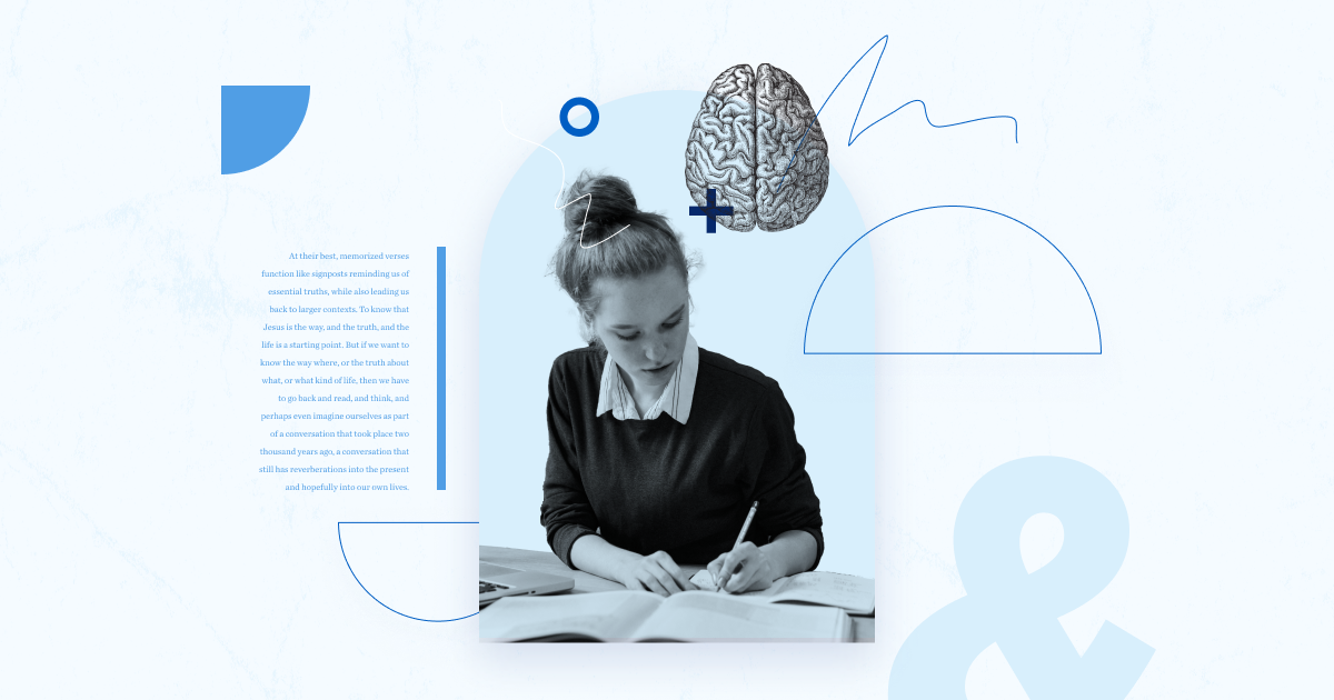 Graphic with a student writing notes ina. workbook and a picture of a brain.
