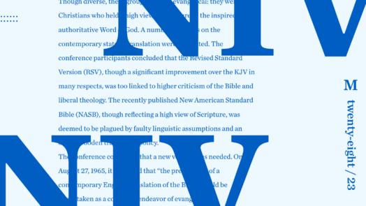 Graphic with the letters "NIV" in bold on top and bottom of page. Words from the article behind it.
