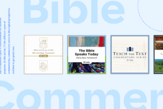 The words Bible Commentary in bold font with 5 of the featured books in the center and a portion of the article text to the left.